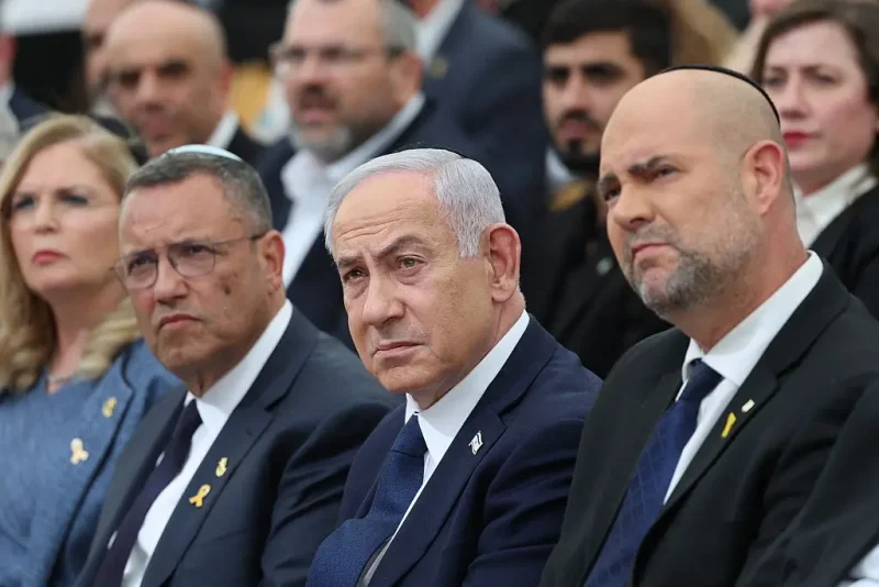 Israeli Prime Minister Benjamin Netanyahu (C), Parliament Speaker Amir Ohana (R), and Jerusalem Mayor Moshe Leon (L) attend the annual ceremony at the eve of Israel's Remembrance Day for fallen soldiers (Yom HaZikaron) at the Yad LaBanim Memorial in Jerusalem, on April 29, 2025. (Photo by Abir SULTAN / POOL / AFP) (Photo by ABIR SULTAN/POOL/AFP via Getty Images)