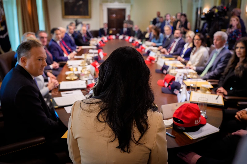 WASHINGTON, DC - APRIL 30: Director of National Intelligence Tulsi Gabbard (C) speaks during a Cabinet meeting at the White House on April 30, 2025 in Washington, DC. Trump convened the meeting as reports released today say the U.S. economy contracted 0.3% in the first quarter of 2025, the first negative reading in three years, fueled by a massive surge in imports ahead of the administration's expected tariffs. (Photo by Andrew Harnik/Getty Images)