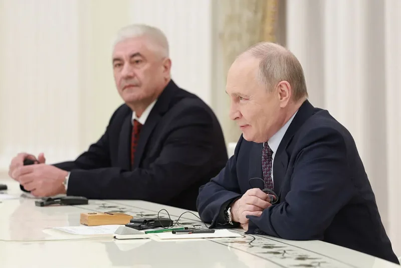 In this pool photograph distributed by Russian state agency Sputnik, Russia's President Vladimir Putin (R) and Russia's Interior Minister Vladimir Kolokoltsev (L) attend a meeting with the UAE deputy prime minister and Interior minister in Moscow on April 30, 2025. (Photo by ALEXANDER SHCHERBAK / POOL / AFP) (Photo by ALEXANDER SHCHERBAK/POOL/AFP via Getty Images)