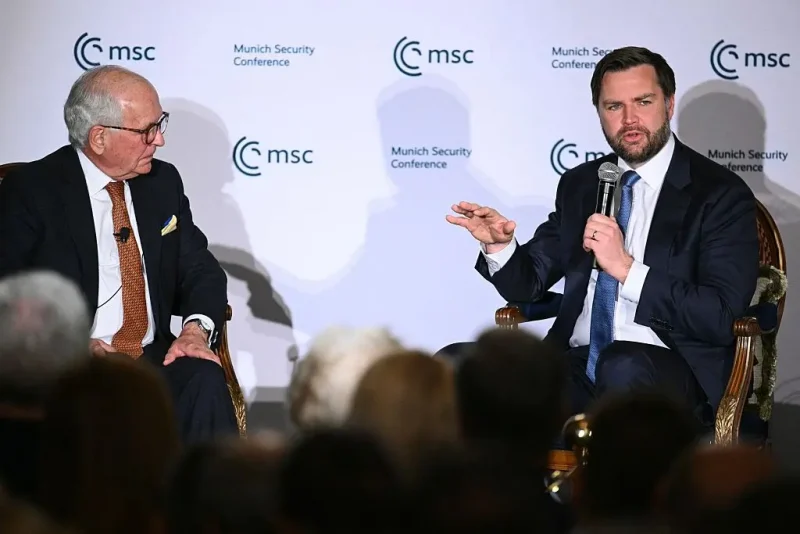 US Vice President JD Vance and Wolfgang Ischinger, president of the Foundation Council, participate in a discussion at the Munich Leaders meeting hosted by the Munich Security Conference at the Willard Hotel in Washington, DC, May 7, 2025. (Photo by Mandel NGAN / AFP) (Photo by MANDEL NGAN/AFP via Getty Images)