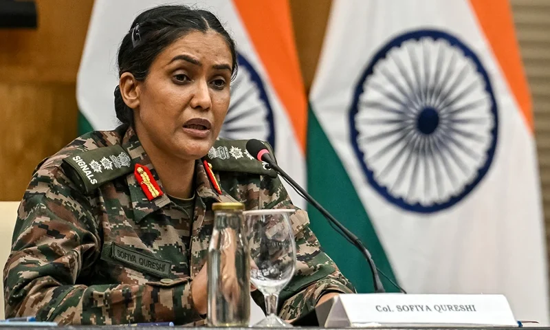 Indian Army Colonel Sophia Qureshi speaks during a press briefing, at the Ministry of External Affairs (MEA) in New Delhi on May 10, 2025. India and Pakistan agreed on May 10 to a full and immediate ceasefire after days of deadly jet fighter, missile, drone and artillery attacks, the news surprisingly announced by US President Donald Trump, who congratulated them on using "common sense". (Photo by Arun SANKAR / AFP) (Photo by ARUN SANKAR/AFP via Getty Images)