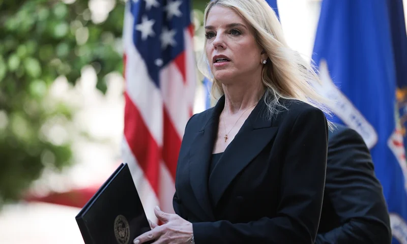 WASHINGTON, DC - MAY 07: U.S. Attorney General Pam Bondi exits a press conference to announce the results of Operation Restore Justice on May 07, 2025 in Washington, DC. During the operation, 205 arrests were made nationwide in five days in a joint effort with federal, state, and local partners to arrest accused child sex abuse offenders and combat child exploitation. (Photo by Kayla Bartkowski/Getty Images)
