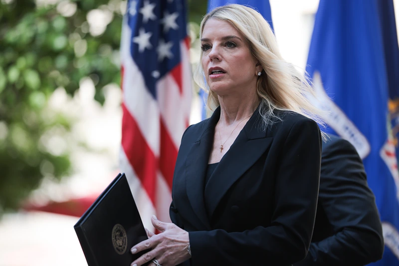 WASHINGTON, DC - MAY 07: U.S. Attorney General Pam Bondi exits a press conference to announce the results of Operation Restore Justice on May 07, 2025 in Washington, DC. During the operation, 205 arrests were made nationwide in five days in a joint effort with federal, state, and local partners to arrest accused child sex abuse offenders and combat child exploitation. (Photo by Kayla Bartkowski/Getty Images)