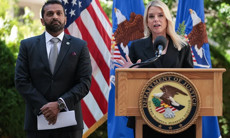 WASHINGTON, DC - MAY 07: Director of the Federal Bureau of Investigation (FBI) Kash Patel (L) and U.S. Attorney General Pam Bondi speak during a press conference to announce the results of Operation Restore Justice on May 07, 2025 in Washington, DC. During the operation, 205 arrests were made nationwide in five days in a joint effort with federal, state, and local partners to arrest accused child sex abuse offenders and combat child exploitation. (Photo by Kayla Bartkowski/Getty Images)