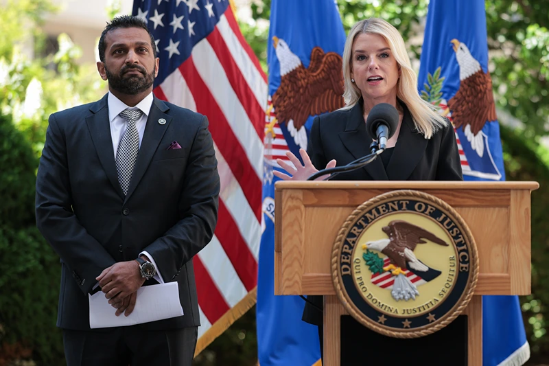 WASHINGTON, DC - MAY 07: Director of the Federal Bureau of Investigation (FBI) Kash Patel (L) and U.S. Attorney General Pam Bondi speak during a press conference to announce the results of Operation Restore Justice on May 07, 2025 in Washington, DC. During the operation, 205 arrests were made nationwide in five days in a joint effort with federal, state, and local partners to arrest accused child sex abuse offenders and combat child exploitation. (Photo by Kayla Bartkowski/Getty Images)
