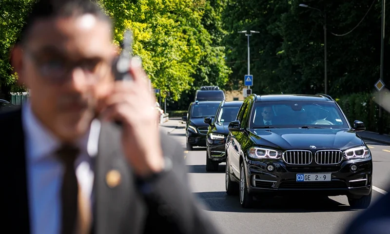 The convoy carrying the US Secretary of Treasury arrives to the residency of the permanent Swiss Ambassador to the United Nations offices during talks between Seniors US and Chinese officials on tariffs, in Geneva on May 11, 2025. Talks between top US and Chinese officials resumed for a second day May 11, after the US President voiced optimism over the negotiations aimed at de-escalating trade tensions sparked by his aggressive tariff rollout. (Photo by VALENTIN FLAURAUD / AFP) (Photo by VALENTIN FLAURAUD/AFP via Getty Images)