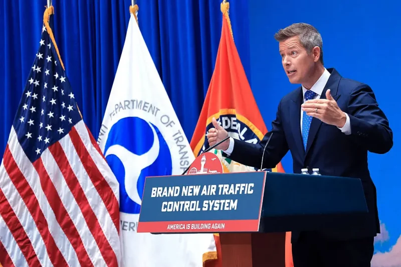 WASHINGTON, DC - MAY 08: U.S. Secretary of Transportation Sean Duffy speaks at an event unveiling a new U.S. air traffic control system at the Department of Transportation on May 08, 2025 in Washington, DC. Under the new plan the FAA will replace and improve antiquated infrastructure including radar systems, software, hardware and telecommunications networks to improve safety and reduce delays. (Photo by Win McNamee/Getty Images)