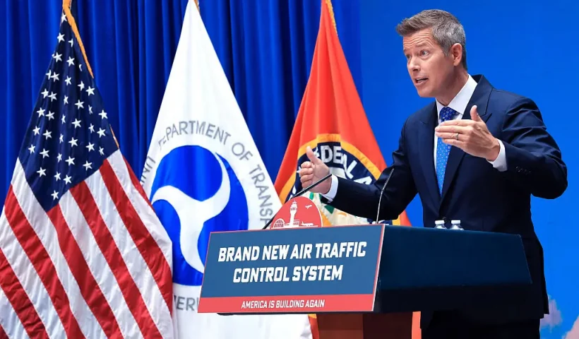 WASHINGTON, DC - MAY 08: U.S. Secretary of Transportation Sean Duffy speaks at an event unveiling a new U.S. air traffic control system at the Department of Transportation on May 08, 2025 in Washington, DC. Under the new plan the FAA will replace and improve antiquated infrastructure including radar systems, software, hardware and telecommunications networks to improve safety and reduce delays. (Photo by Win McNamee/Getty Images)