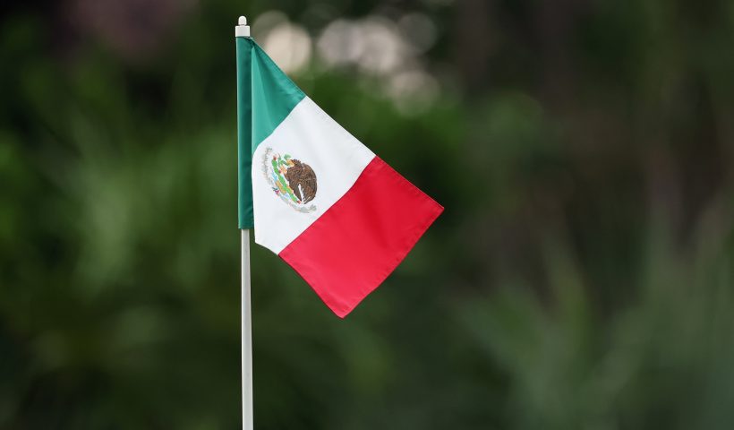 A detailed view of a mexican flag used as a pin flag on the par three course during the first round of the 2025 Tulum Championship at PGA Riviera Maya on May 01, 2025 in Tulum, Mexico. (Photo by Luke Hales/Getty Images)