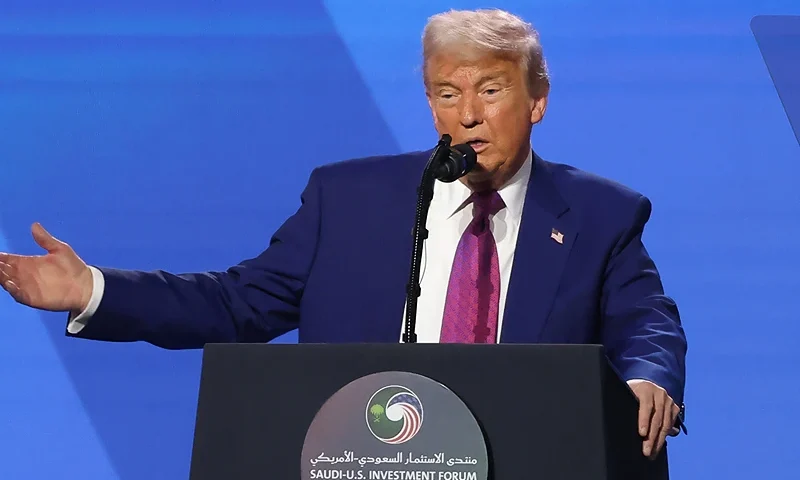 US President Donald Trump speaks during the Saudi-US investment forum at the King Abdul Aziz International Conference Center in Riyadh on May 13, 2025. Saudi Arabia on May 13 promised billions of dollars in deals with the United States from defence to artificial intelligence as it threw a lavish welcome for President Donald Trump on the first state visit of his second term. (Photo by Fayez NURELDINE / AFP) (Photo by FAYEZ NURELDINE/AFP via Getty Images)