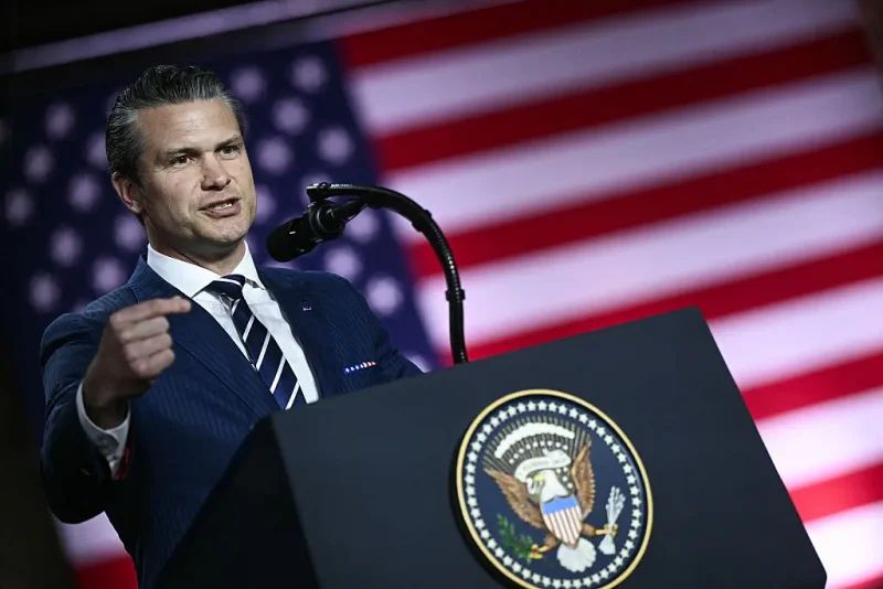 US Secretary of Defense Pete Hegseth addresses troops at the Al-Udeid air base southwest of Doha on May 15, 2025. (Photo by Brendan SMIALOWSKI / AFP) (Photo by BRENDAN SMIALOWSKI/AFP via Getty Images)