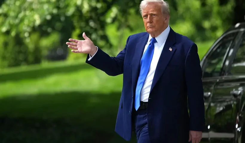 WASHINGTON, DC - MAY 12: U.S. President Donald Trump departs the White House on May 12, 2025, in Washington, DC. President Trump is traveling to Saudi Arabia, the first stop on his four-day trip to the Middle East, the first diplomatic international trip of his second term. (Photo by Andrew Harnik/Getty Images)