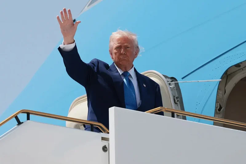 ABU DHABI, UNITED ARAB EMIRATES - MAY 16: U.S. President Donald J. Trump boards Air Force One as he departs the Al Bateen Executive Airport on May 15, 2025, in Abu Dhabi, United Arab Emirates. Trump is on the fourth and final day of his visit to the Gulf to underscore the strategic partnership between the United States and regional allies including the UAE, focusing on security and economic collaboration. (Photo by Win McNamee/Getty Images)