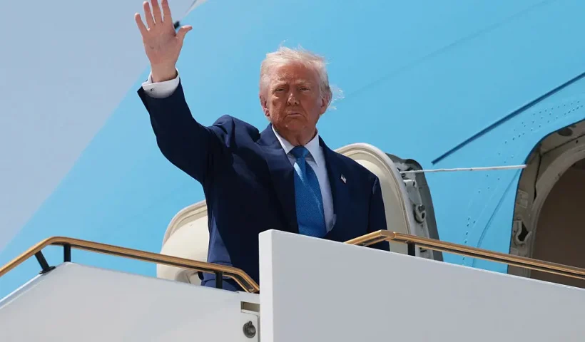 ABU DHABI, UNITED ARAB EMIRATES - MAY 16: U.S. President Donald J. Trump boards Air Force One as he departs the Al Bateen Executive Airport on May 15, 2025, in Abu Dhabi, United Arab Emirates. Trump is on the fourth and final day of his visit to the Gulf to underscore the strategic partnership between the United States and regional allies including the UAE, focusing on security and economic collaboration. (Photo by Win McNamee/Getty Images)