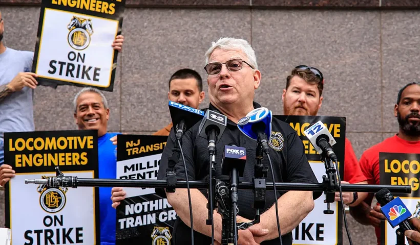 NEWARK, NEW JERSEY - MAY 16: James P. Louis Vice President | Brotherhood of Locomotive Engineers and Trainmen speaks to members of the media as they take part during a Strike outside NJ Transit's Headquarters on May 16, 2025 in Newark, New Jersey. (Photo by Kena Betancur/Getty Images)