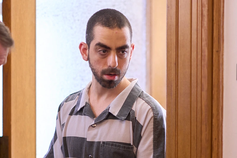 Hadi Matar, the man accused in the attempted murder of British author Salman Rushdie, arrives at Chautauqua County Courthouse for his sentencing in Mayville, New York on May 16, 2025. Matar was sentenced to 25 years in prison on Friday for trying to kill novelist Salman Rushdie in a 2022 knife attack at a New York cultural center (Photo by Geoff Robins / AFP) (Photo by GEOFF ROBINS/AFP via Getty Images)