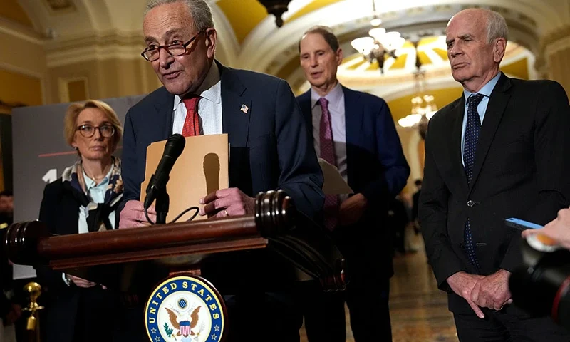 WASHINGTON, DC - MAY 13: U.S. Senate Minority Leader Charles Schumer (D-NY) speaks to reporters following the weekly Senate luncheon at the U.S. Capitol on May 13, 2025 in Washington, DC. Schumer spoke out against the Republican budget bill and the potential cuts to safety net programs including Medicaid, Social Security and veterans’ services. Schumer was joined by Sen. Maggie Hassan (D-NH), Sen. Ron Wyden (D-OR) and Sen. Peter Welch (D-VT) (Photo by Kevin Dietsch/Getty Images)