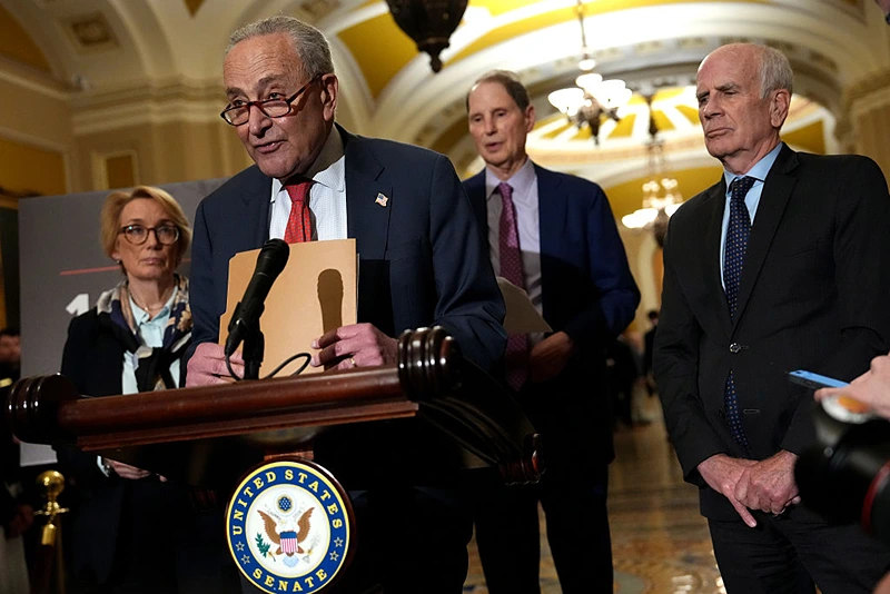 WASHINGTON, DC - MAY 13: U.S. Senate Minority Leader Charles Schumer (D-NY) speaks to reporters following the weekly Senate luncheon at the U.S. Capitol on May 13, 2025 in Washington, DC. Schumer spoke out against the Republican budget bill and the potential cuts to safety net programs including Medicaid, Social Security and veterans’ services. Schumer was joined by Sen. Maggie Hassan (D-NH), Sen. Ron Wyden (D-OR) and Sen. Peter Welch (D-VT) (Photo by Kevin Dietsch/Getty Images)