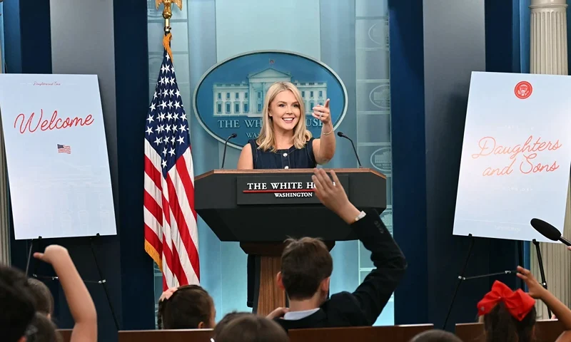 US White House Press Secretary Karoline Leavitt speaks during a Press Briefing for Take Our Sons and Daughters to Work Day in the Brady Briefing Room of the White House in Washington, DC, on May 20, 2025. (Photo by Jim WATSON / AFP) (Photo by JIM WATSON/AFP via Getty Images)