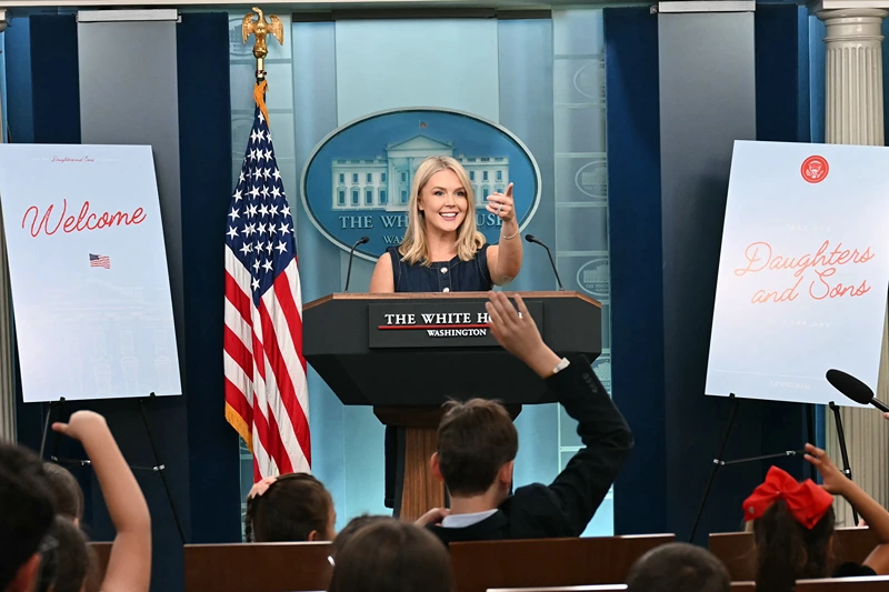 US White House Press Secretary Karoline Leavitt speaks during a Press Briefing for Take Our Sons and Daughters to Work Day in the Brady Briefing Room of the White House in Washington, DC, on May 20, 2025. (Photo by Jim WATSON / AFP) (Photo by JIM WATSON/AFP via Getty Images)