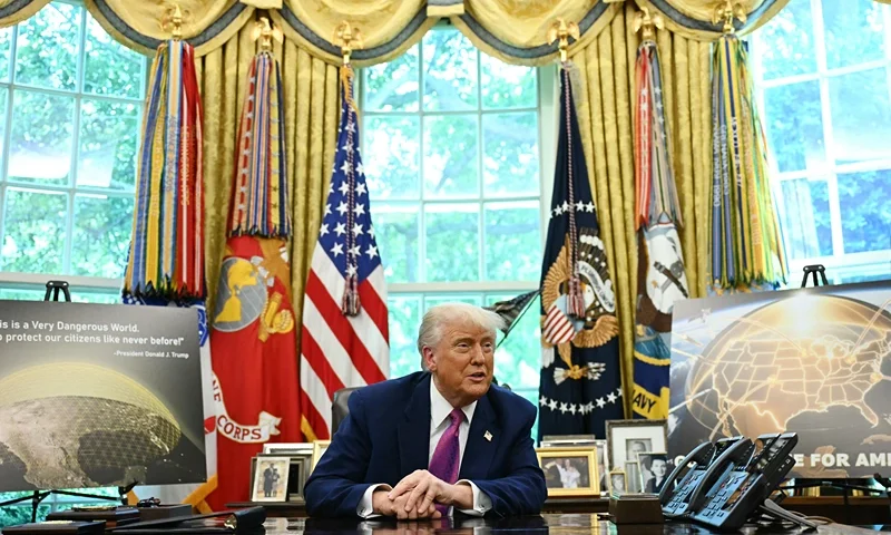 US President Donald Trump speaks during an announcement about the Golden Dome missile defense shield, in the Oval Office of the White House on May 20, 2025, in Washington, DC. (Photo by Jim WATSON / AFP) (Photo by JIM WATSON/AFP via Getty Images)