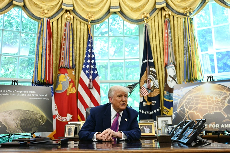 US President Donald Trump speaks during an announcement about the Golden Dome missile defense shield, in the Oval Office of the White House on May 20, 2025, in Washington, DC. (Photo by Jim WATSON / AFP) (Photo by JIM WATSON/AFP via Getty Images)