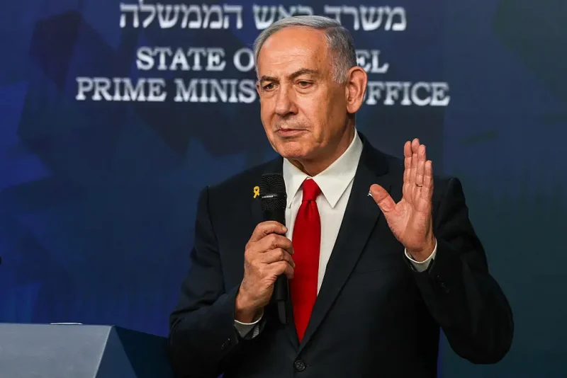 Israeli Prime Minister Benjamin Netanyahu gives a press conference in Jerusalem on May 21, 2025. Netanyahu said on May 21 that he was ready for a "temporary ceasefire" to guarantee the return of hostages held in Gaza, of whom 20 are "certainly" alive. (Photo by Ronen Zvulun / POOL / AFP) (Photo by RONEN ZVULUN/POOL/AFP via Getty Images)