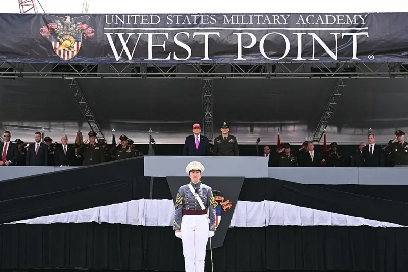 US President Donald Trump joined by US Military Academy Superintendent Lt. Gen. Steven Gilland looks on after delivering the commencement address at the 2025 graduation ceremony at the US Military Academy West Point on May 24, 2025 in West Point, New York. US President Donald Trump delivers the commencement address at the 2025 US Military Academy Graduation Ceremony at West Point (Photo by SAUL LOEB / AFP) (Photo by SAUL LOEB/AFP via Getty Images)