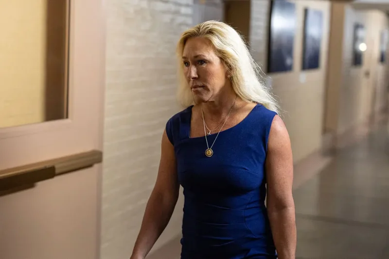 WASHINGTON, DC - MAY 20: Rep. Marjorie Taylor Greene (R-GA) arrives for a House Republican meeting at the U.S. Capitol on May 20, 2025 in Washington, DC. U.S. President Donald Trump will join conservative House lawmakers to help push through their budget bill after it advanced through the House Budget Committee on Sunday evening. (Photo by Tasos Katopodis/Getty Images)
