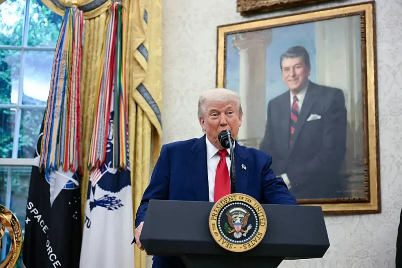 US President Donald Trump speaks during a swearing in ceremony for Interim Attorney for the District of Columbia, Jeanine Pirro in the Oval Office of the White House in Washington, DC, on May 28, 2025. (Photo by Jim WATSON / AFP) (Photo by JIM WATSON/AFP via Getty Images)
