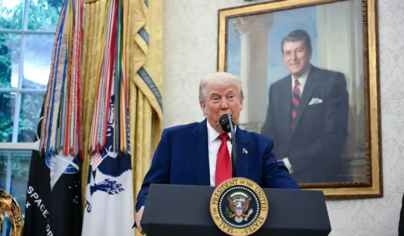 US President Donald Trump speaks during a swearing in ceremony for Interim Attorney for the District of Columbia, Jeanine Pirro in the Oval Office of the White House in Washington, DC, on May 28, 2025. (Photo by Jim WATSON / AFP) (Photo by JIM WATSON/AFP via Getty Images)