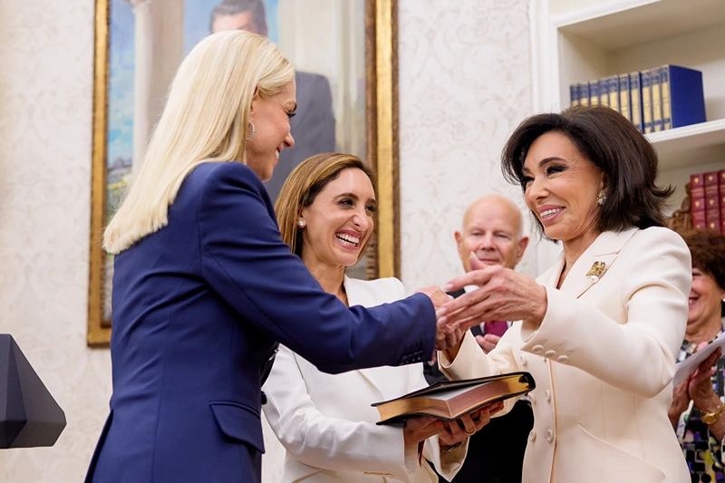 U.S. President Donald Trump (L) watches as interim U.S. Attorney for Washington, D.C. Jeanine Pirro (R) is sworn in by Attorney General Pam Bondi (C) during a ceremony in the Oval Office of the White House on May 28, 2025 in Washington, DC. Trump has announced Pirro, a former Fox News personality, judge, prosecutor, and politician, after losing support in the Senate for his first choice, Ed Martin, over his views on the January 6, 2021 attack on the U.S. Capitol. (Photo by Andrew Harnik/Getty Images)