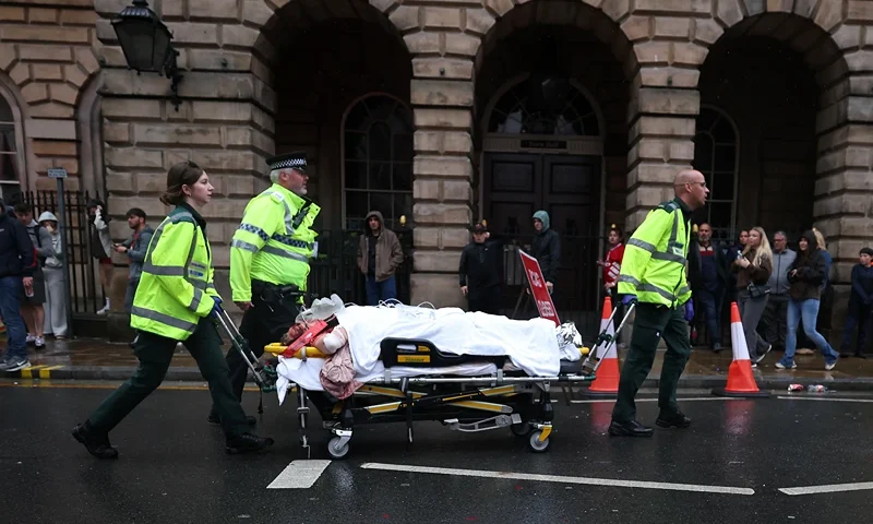 LIVERPOOL, ENGLAND - MAY 26: Emergency services attend the scene of a road traffic accident on Water Street after a car reportedly collided with pedestrians, as crowds gathered to attend the Liverpool Trophy Parade on May 26, 2025 in Liverpool, England. (Photo by Getty Images)