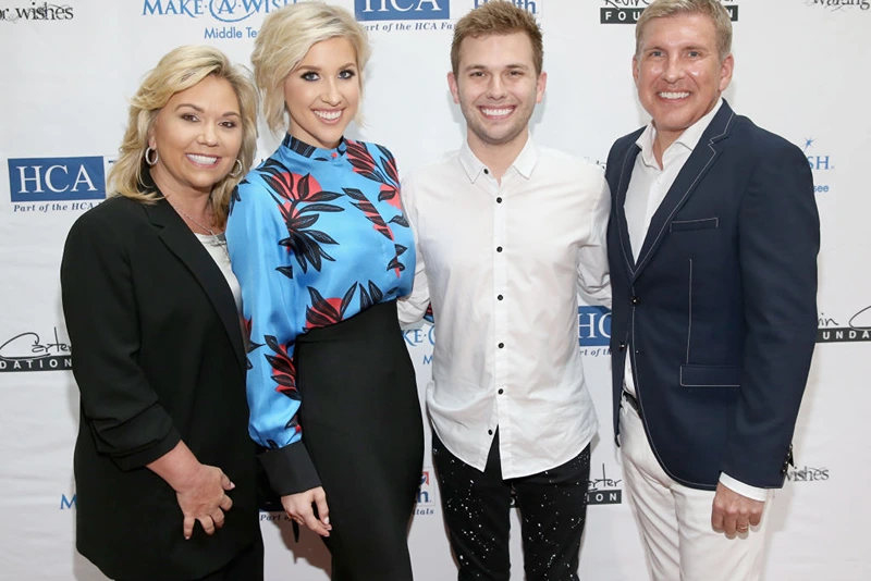 NASHVILLE, TN - APRIL 24: (L-R) Julie Chrisley, Savannah Chrisley, Chase Chrisley and Todd Chrisley from reality show, Chrisley Knows Best, attend the 17th annual Waiting for Wishes celebrity dinner at The Palm on April 24, 2018 in Nashville, Tennessee.  (Photo by Terry Wyatt/Getty Images for The Kevin Carter Foundation)