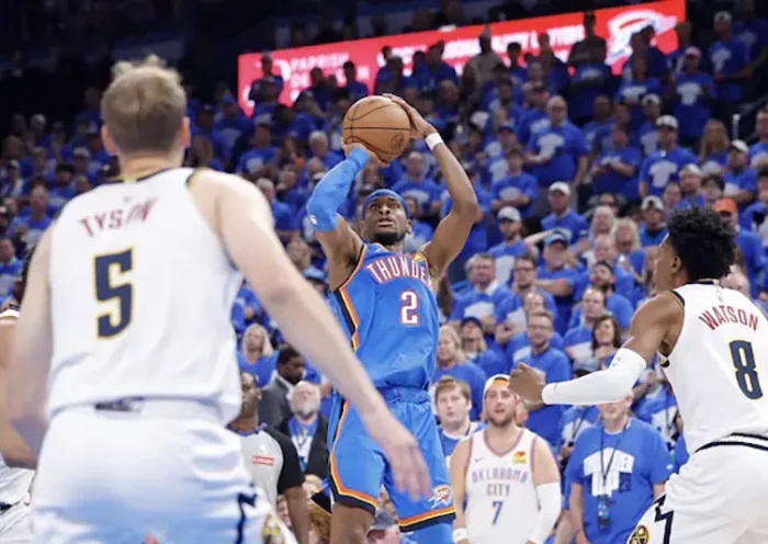 Oklahoma City Thunder guard Shai Gilgeous-Alexander (2) shoots against the Denver Nuggets in the second half during game seven of the second round for the 2025 NBA Playoffs at Paycom Center. Mandatory Credit: Alonzo Adams-Imagn Images