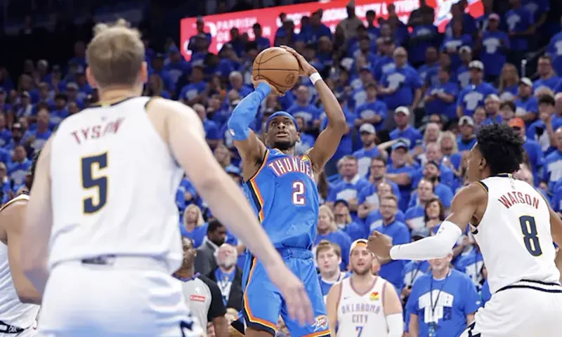 Oklahoma City Thunder guard Shai Gilgeous-Alexander (2) shoots against the Denver Nuggets in the second half during game seven of the second round for the 2025 NBA Playoffs at Paycom Center. Mandatory Credit: Alonzo Adams-Imagn Images