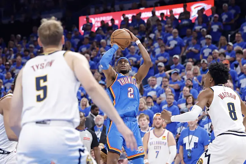 Oklahoma City Thunder guard Shai Gilgeous-Alexander (2) shoots against the Denver Nuggets in the second half during game seven of the second round for the 2025 NBA Playoffs at Paycom Center. Mandatory Credit: Alonzo Adams-Imagn Images