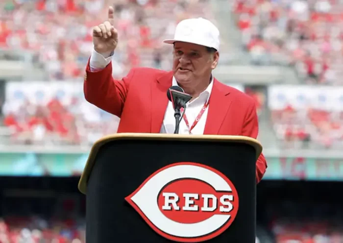 Cincinnati Reds former player Pete Rose speaks during a pregame ceremony of the unveiling of his bronze statue at Great American Ball Park. Mandatory Credit: David Kohl-USA TODAY Sports/File Photo