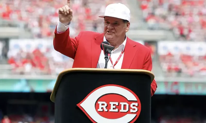 Cincinnati Reds former player Pete Rose speaks during a pregame ceremony of the unveiling of his bronze statue at Great American Ball Park. Mandatory Credit: David Kohl-USA TODAY Sports/File Photo