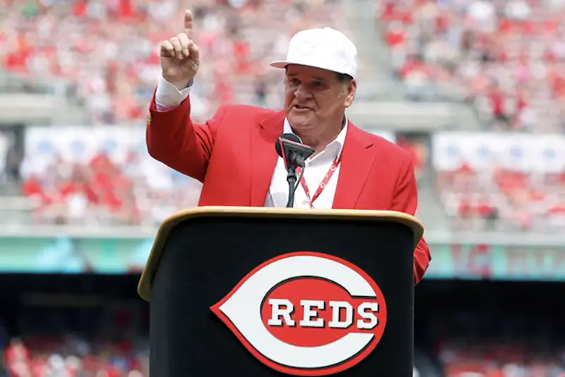 Cincinnati Reds former player Pete Rose speaks during a pregame ceremony of the unveiling of his bronze statue at Great American Ball Park. Mandatory Credit: David Kohl-USA TODAY Sports/File Photo