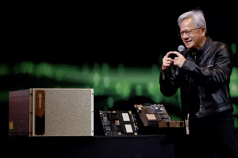 Nvidia's CEO, Jensen Huang, answers questions from members of the media at a press event in Taipei, Taiwan May 21, 2025. REUTERS/Ann Wang/File Photo