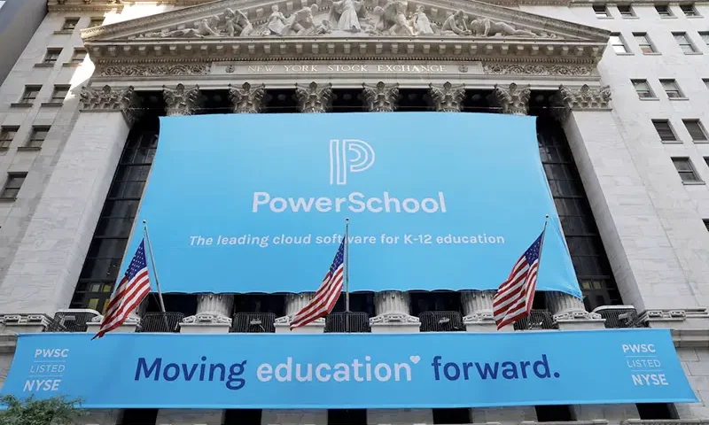Signage for PowerSchool (NYSE:PWSC) is seen ahead of their Initial public offering (IPO) at the New York Stock Exchange (NYSE) in New York City, New York, U.S., July 28, 2021. REUTERS/Andrew Kelly/File Photo