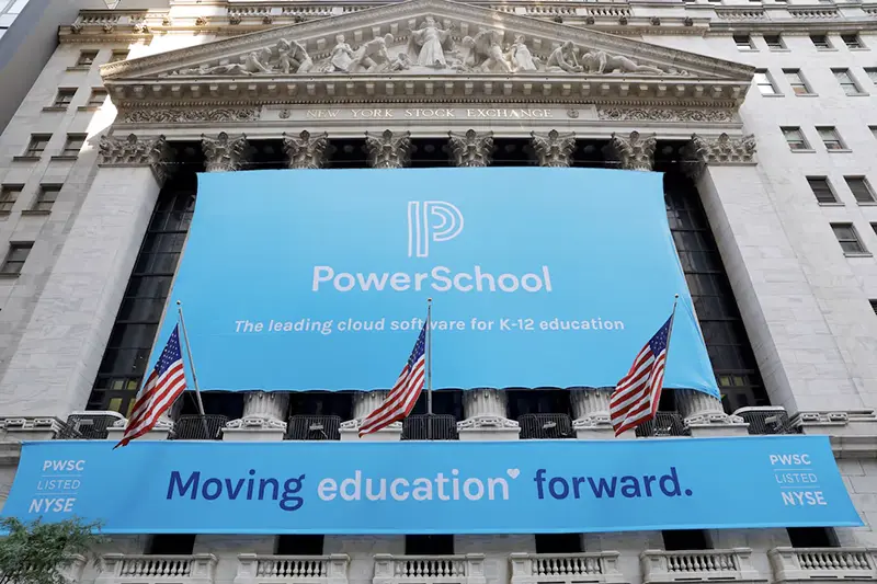 Signage for PowerSchool (NYSE:PWSC) is seen ahead of their Initial public offering (IPO) at the New York Stock Exchange (NYSE) in New York City, New York, U.S., July 28, 2021. REUTERS/Andrew Kelly/File Photo