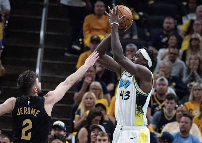 Indiana Pacers forward Pascal Siakam (43) shoots the ball while Cleveland Cavaliers guard Ty Jerome (2) defends during game four of the second round for the 2025 NBA Playoffs at Gainbridge Fieldhouse. Mandatory Credit: Trevor Ruszkowski-Imagn Images