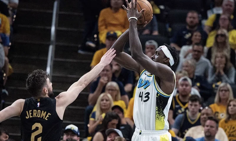 Indiana Pacers forward Pascal Siakam (43) shoots the ball while Cleveland Cavaliers guard Ty Jerome (2) defends during game four of the second round for the 2025 NBA Playoffs at Gainbridge Fieldhouse. Mandatory Credit: Trevor Ruszkowski-Imagn Images