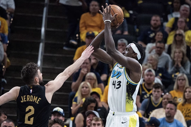 Indiana Pacers forward Pascal Siakam (43) shoots the ball while Cleveland Cavaliers guard Ty Jerome (2) defends during game four of the second round for the 2025 NBA Playoffs at Gainbridge Fieldhouse. Mandatory Credit: Trevor Ruszkowski-Imagn Images
