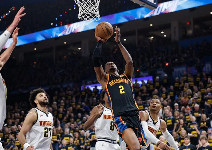 Oklahoma City Thunder guard Shai Gilgeous-Alexander (2) shoots against the Denver Nuggets in the second half during game two of the second round for the 2025 NBA Playoffs at Paycom Center. Mandatory Credit: Alonzo Adams-Imagn Images