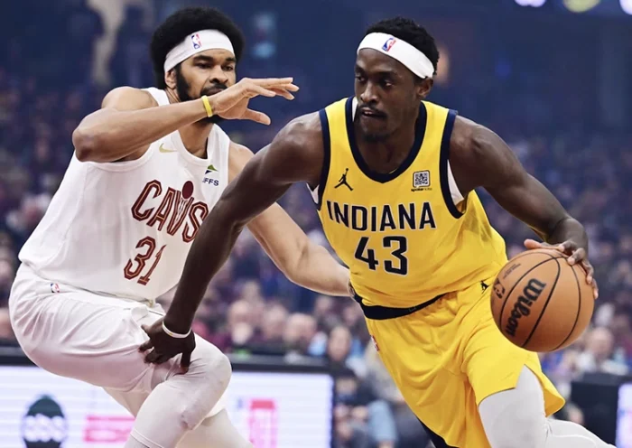Indiana Pacers forward Pascal Siakam (43) drives to the basket against Cleveland Cavaliers center Jarrett Allen (31) during the first quarter in game one of the second round for the 2025 NBA Playoffs at Rocket Arena. Mandatory Credit: Ken Blaze-Imagn Images