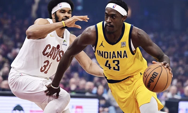 Indiana Pacers forward Pascal Siakam (43) drives to the basket against Cleveland Cavaliers center Jarrett Allen (31) during the first quarter in game one of the second round for the 2025 NBA Playoffs at Rocket Arena. Mandatory Credit: Ken Blaze-Imagn Images
