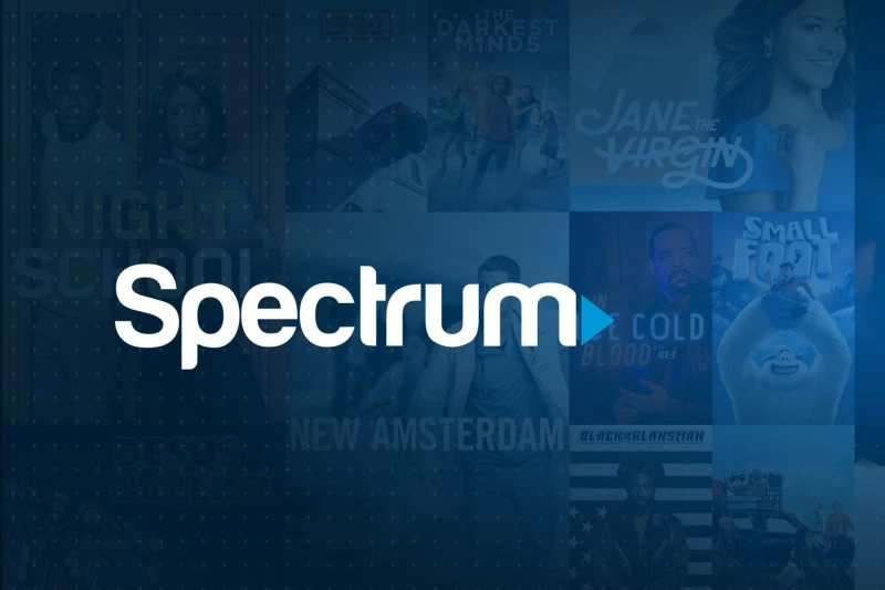 A promotional graphic for Spectrum television and internet service provider, with the Spectrum logo overlaid on a background collage of promotional stills from a variety of TV shows and movies available through their service.